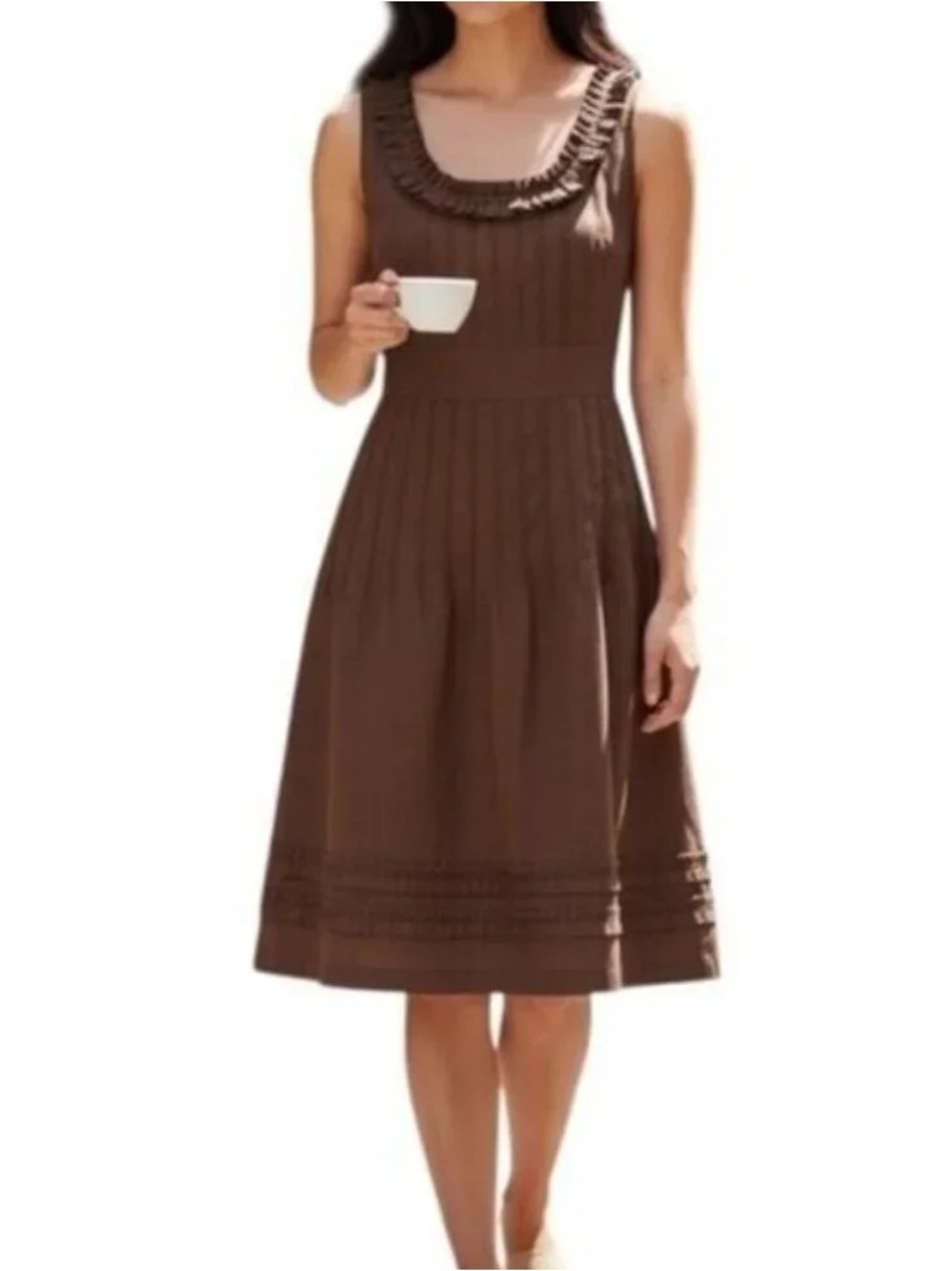 Tory Burch Pleated Sleeveless Fit And Flare Dress Brown 6